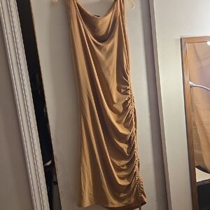 Tan Midi Dress with Ruched Detail By Express